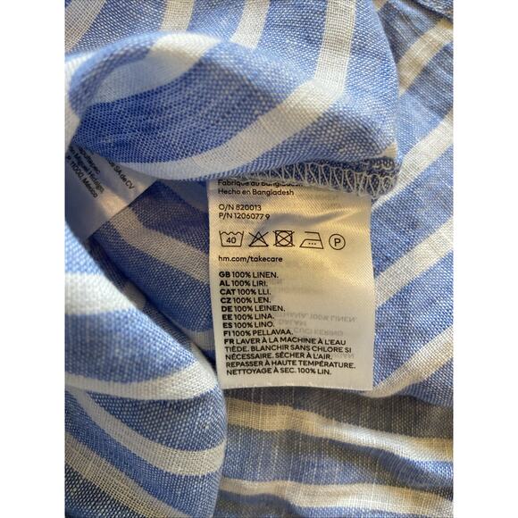 H&M Blue White Striped 100% Linen Coastal Preppy Classic Shirt Blouse Top XS - Picture 5 of 5